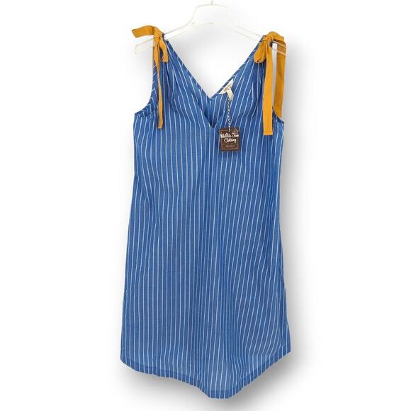 Matilda Jane Womens Sundress Sz XS Chambray Blue Striped Gold Tie Shoulder Dress - Picture 1 of 8
